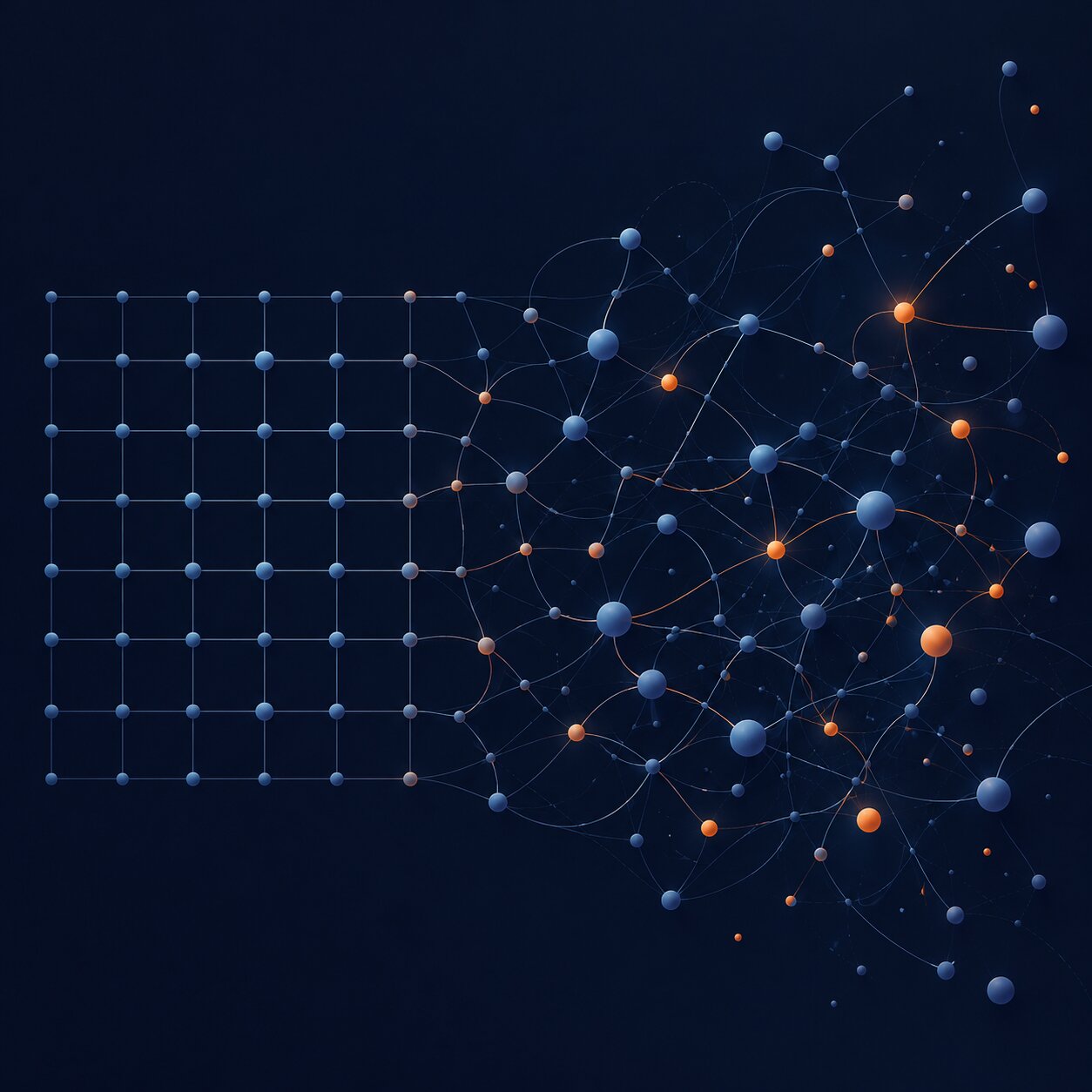 A rigid grid dissolving into an organic network, in navy blue with orange highlights