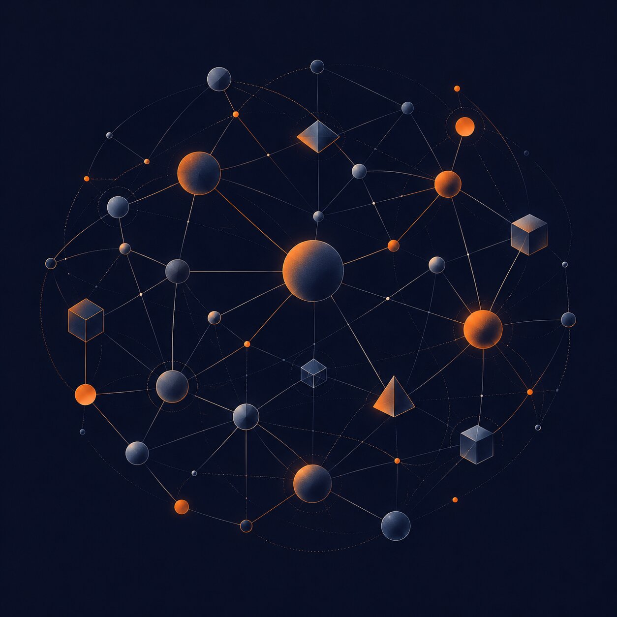 A constellation of connected spheres and shapes, in navy with orange highlights