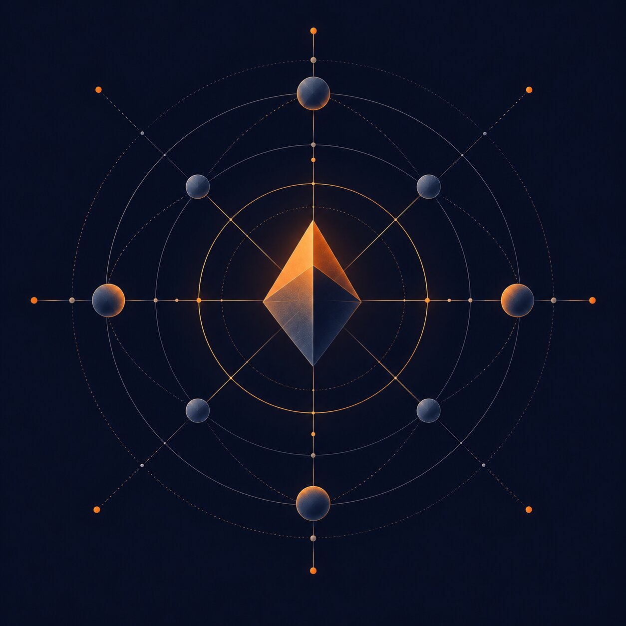 A compass-like mandala of orbits and spheres, in navy with orange highlights